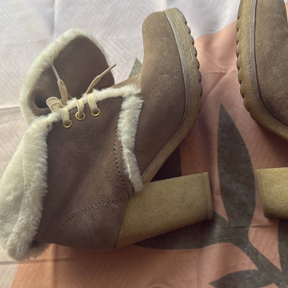 Prada Tan Suede Fur Lace Up Heeled Booties - Picture 8 of 12